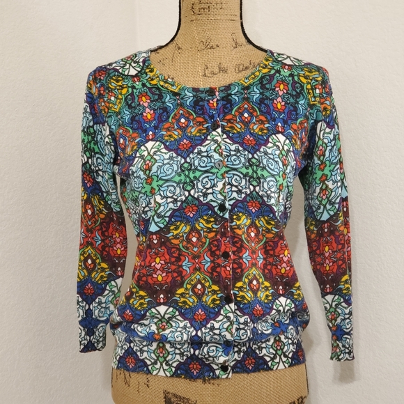 JOSEPH A. Multicolored stained glass vibrant pattern long sleeve top sweater M. - Picture 6 of 6